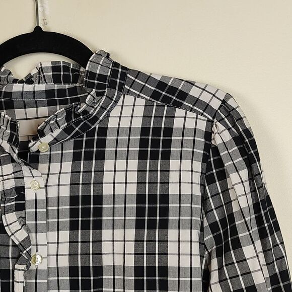 LOFT Long Sleeve Button Down Ruffled Blouse Black and White Plaid - Picture 3 of 12